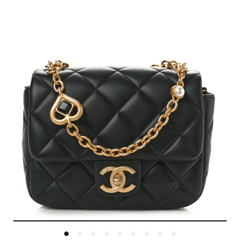 Like New- CHANEL Lambskin Enamel Pearl Quilted Mini Charm Me Square Flap Bag